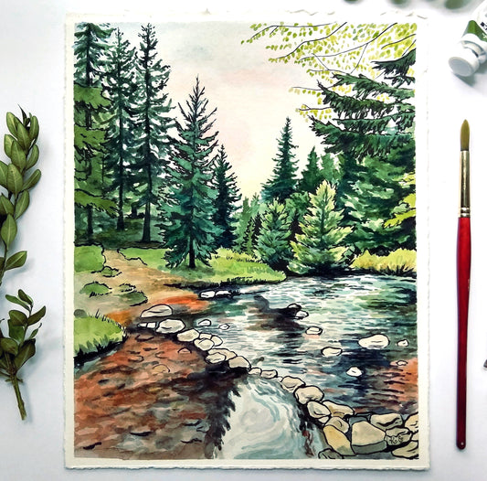 Watercolor painting of a river in the woods with pine trees