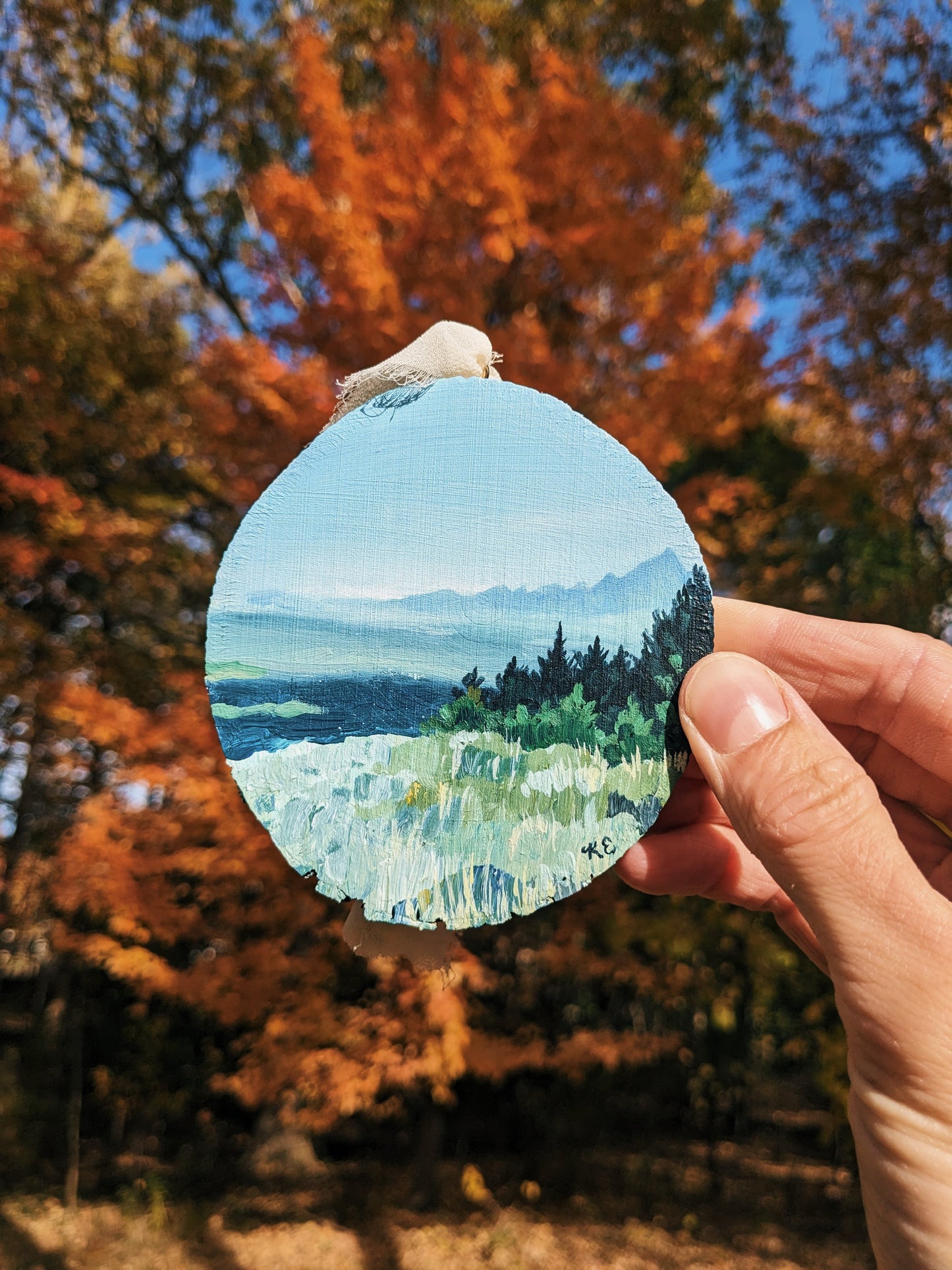 Hazy Mountain View | Hand Painted Ornament - Kim Everhard Art