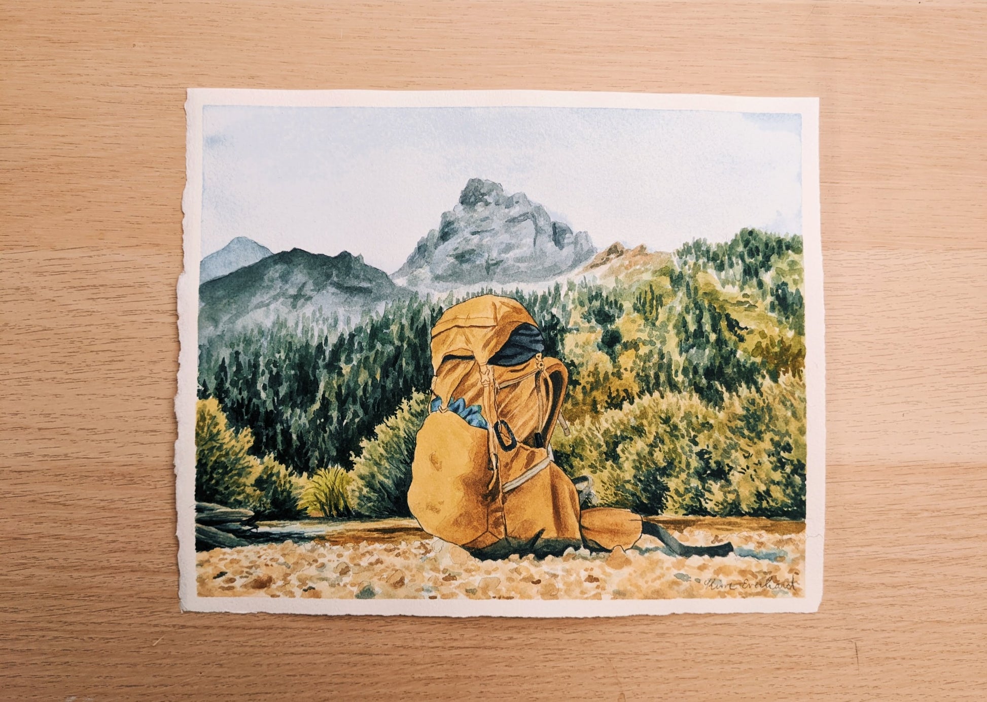 Backpack in the Tetons - Original Watercolor - Kim Everhard Art