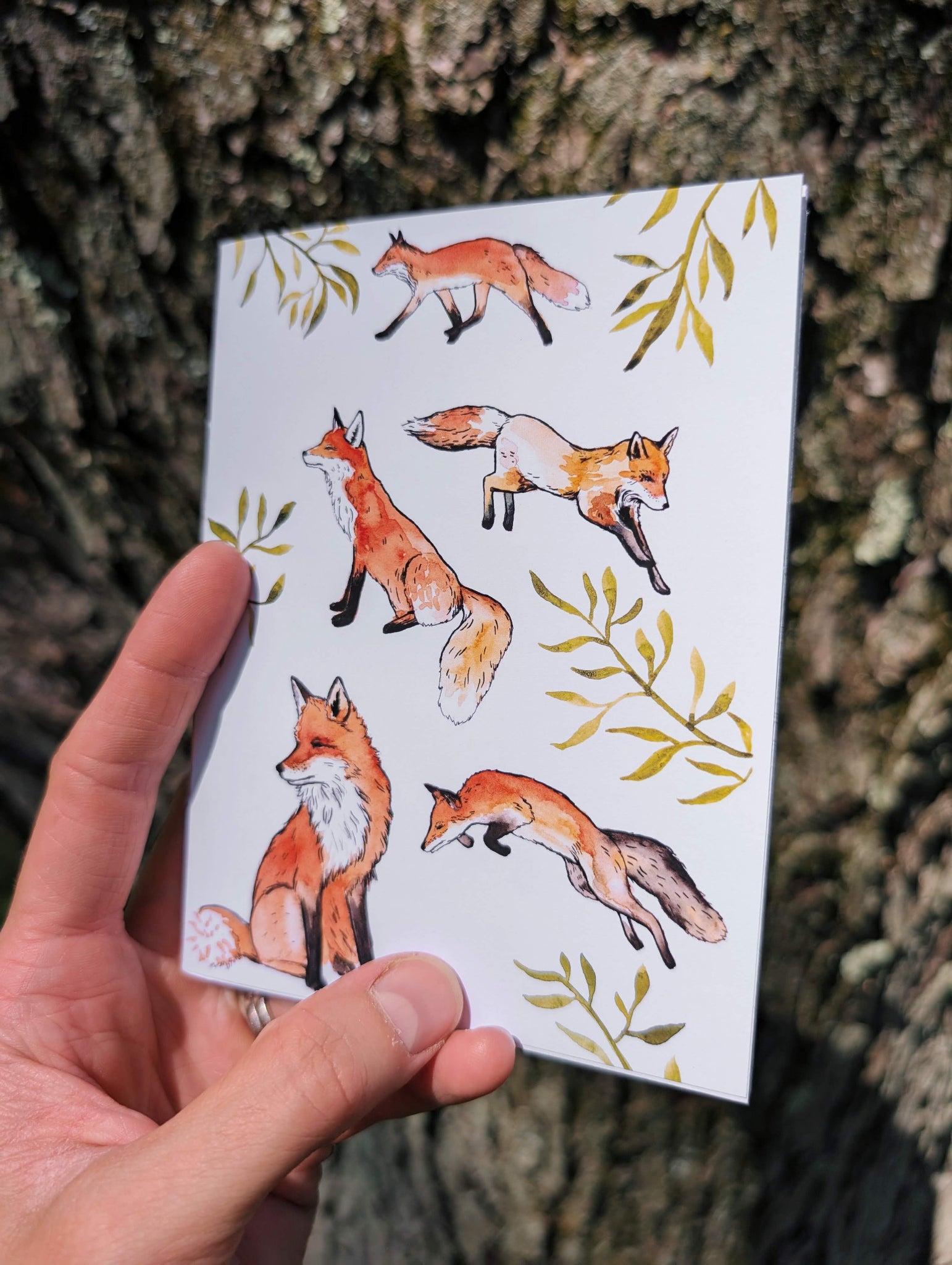 Hand holding a small notebook with fox illustrations against a tree bark background