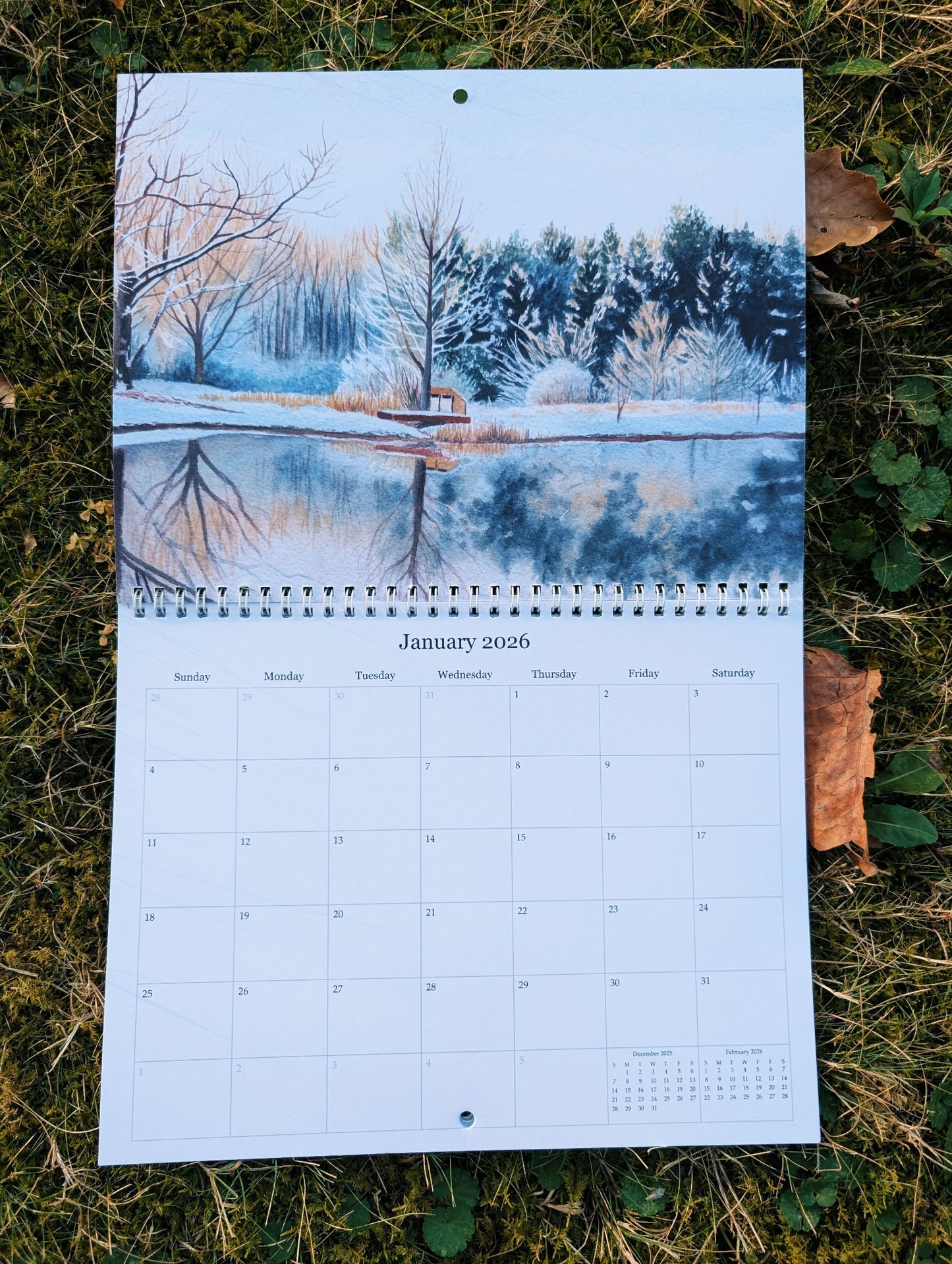 Calendar for January 2026 with a winter landscape on grass