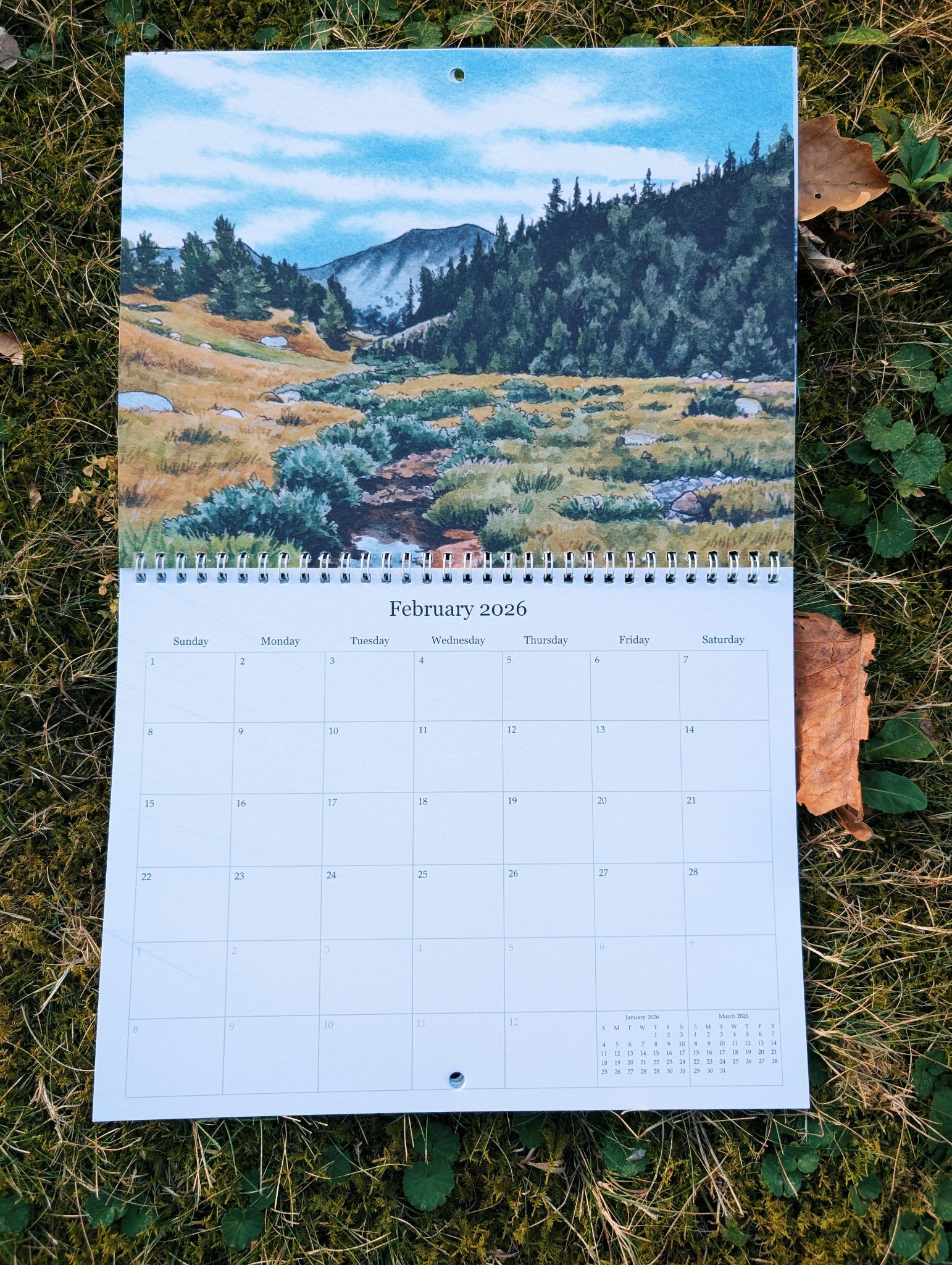 Calendar with a scenic landscape cover on grass