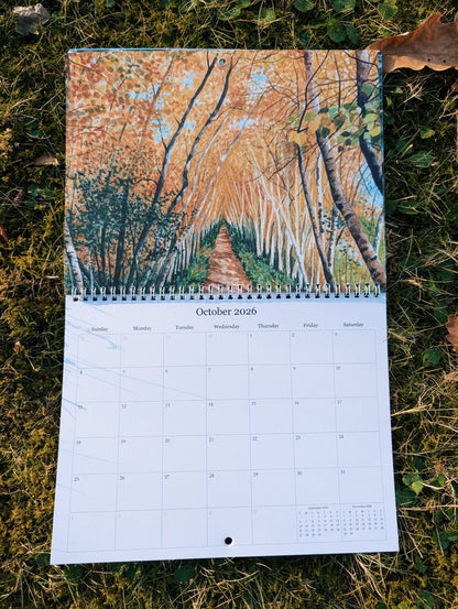 Calendar with a watercolor design of a fall path 