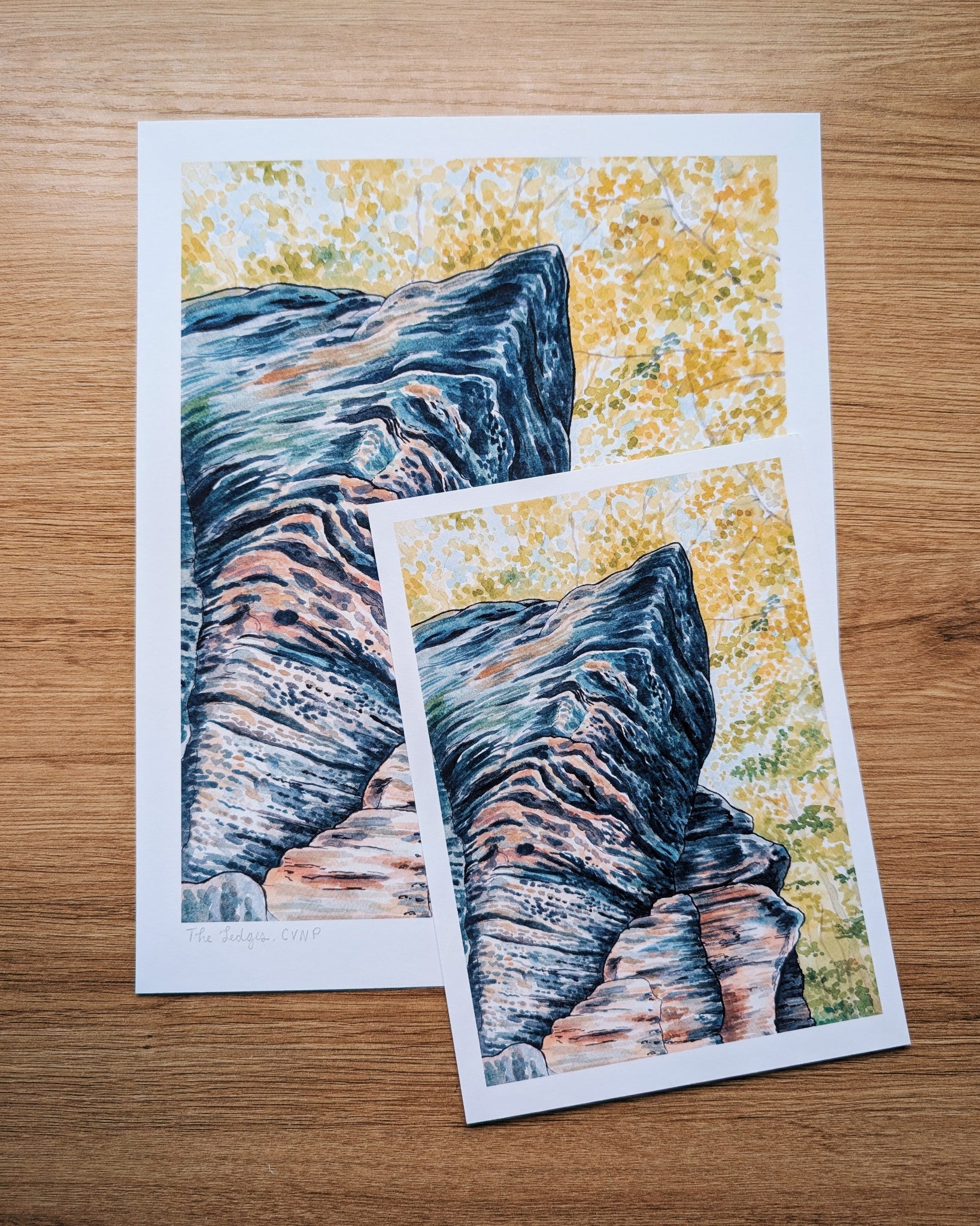 Art print of a rocky ledge with a canopy of trees in the background.
