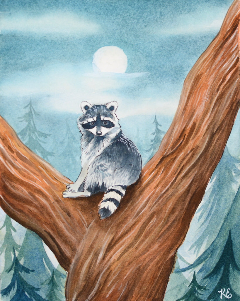 Raccoon in a Tree - Original Painting - 8x10" - Kim Everhard Art