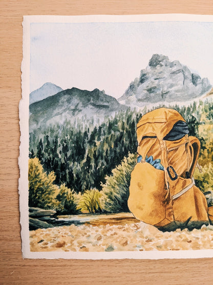 Backpack in the Tetons - Original Watercolor - Kim Everhard Art