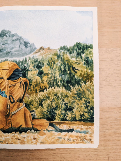 Backpack in the Tetons - Original Watercolor - Kim Everhard Art