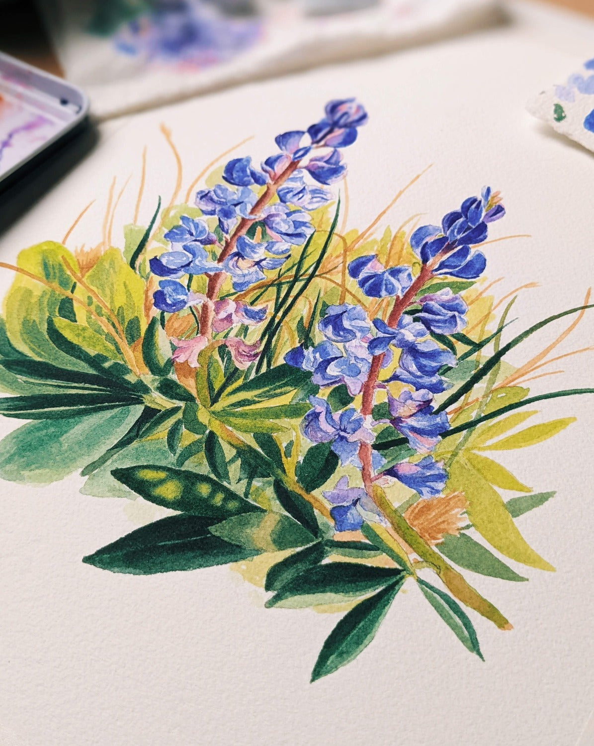 Lupines Sunrise Landscape Watercolor buy Painting Original Purple Lupins Wall Art Nature Aquarelle Paysage Drawing Home Gallery